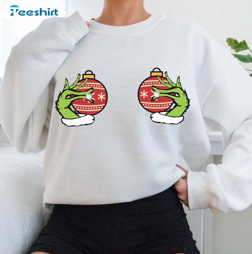 Funny Grinch’s Hand Is On The Breast Sweatshirt, Christmas Short Sleeve Tee Tops