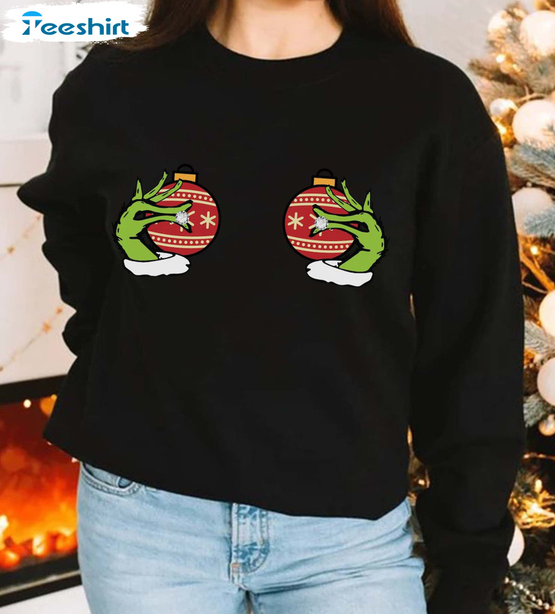 Funny Grinch’s Hand Is On The Breast Sweatshirt, Christmas Short Sleeve Tee Tops