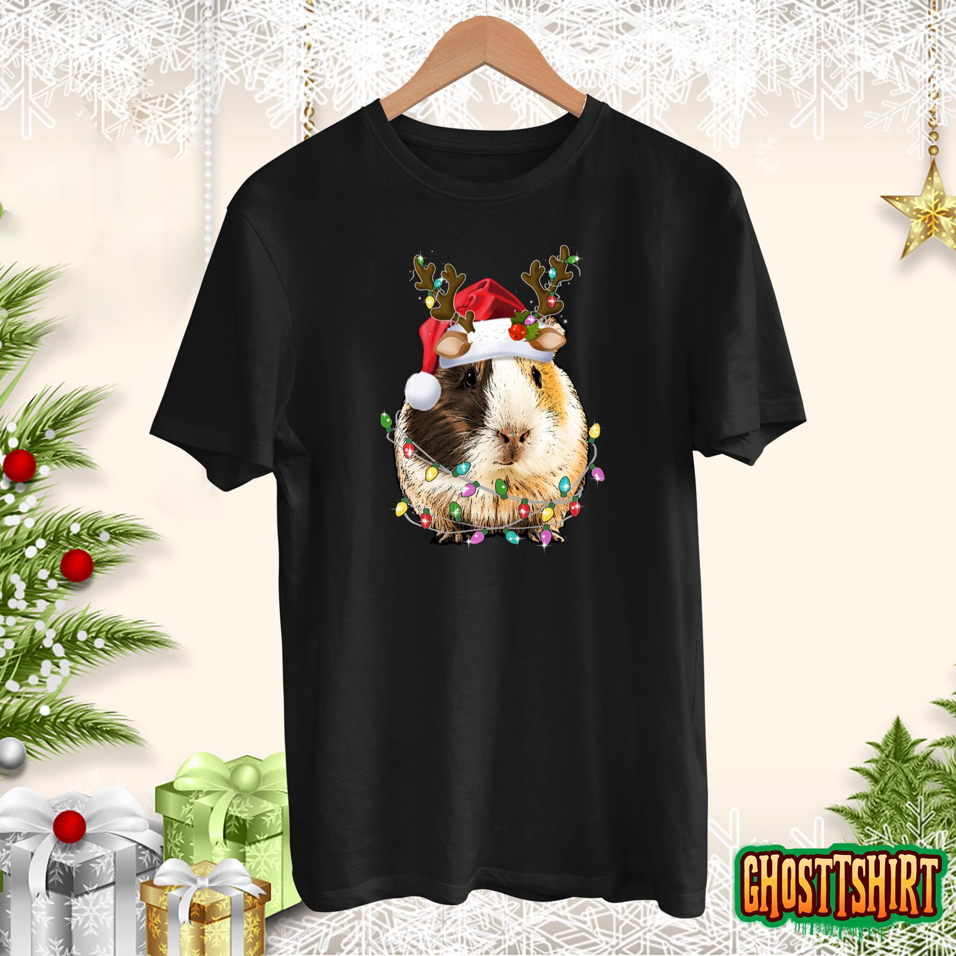 Funny Guinea Pig Santa Hat Reindeer Antlers Lights Christmas Sweatshirt