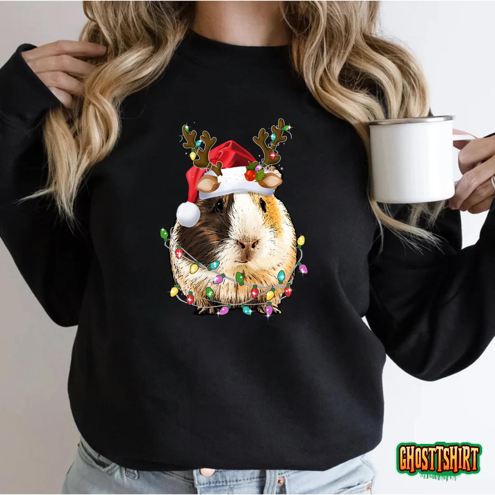 Funny Guinea Pig Santa Hat Reindeer Antlers Lights Christmas Sweatshirt