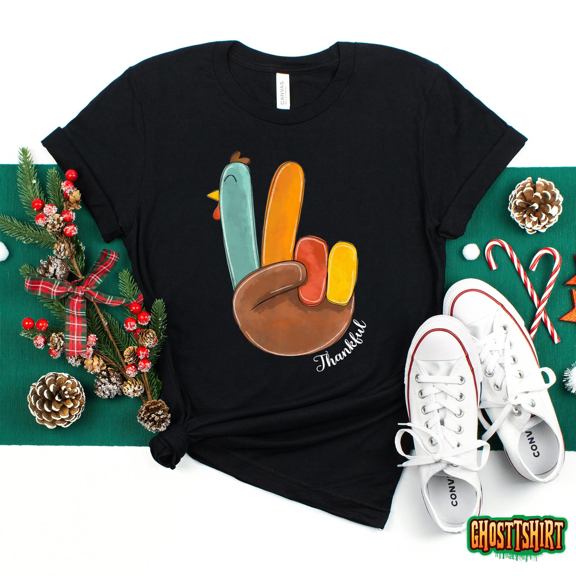 Funny Thanksgiving Peace Sign Turkey Thankful For Lovers T-Shirt