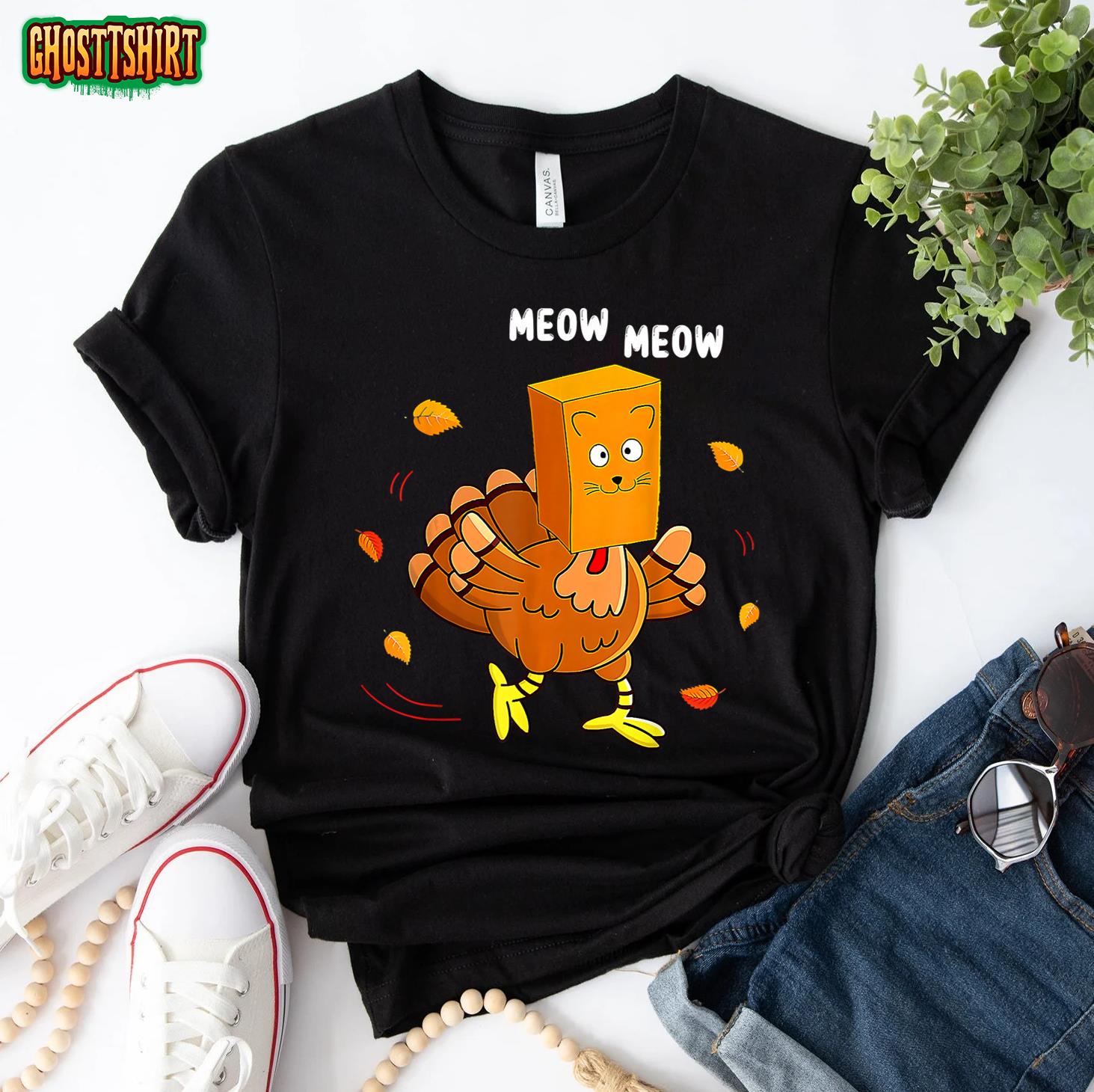 Funny Thanksgiving Women Men Kid Family Turkey Meow Cat Sweatshirt