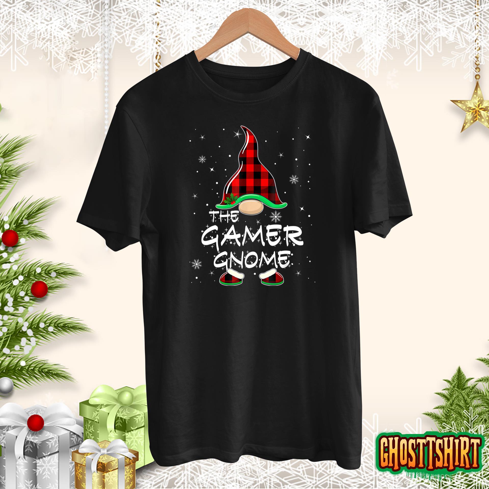 Funny The Gamer Gnome Red Buffalo Plaid Christmas Pajama T-Shirt