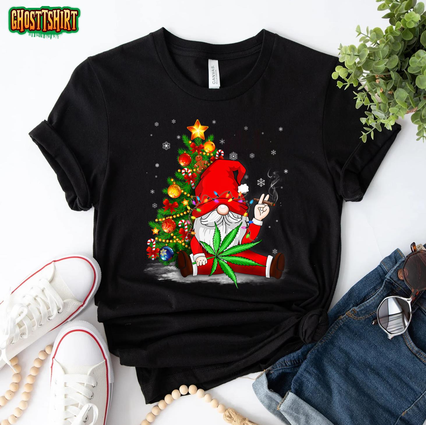 Funny Weed Gnome Christmas Lights Tree Cannabis Marijuana T-Shirt