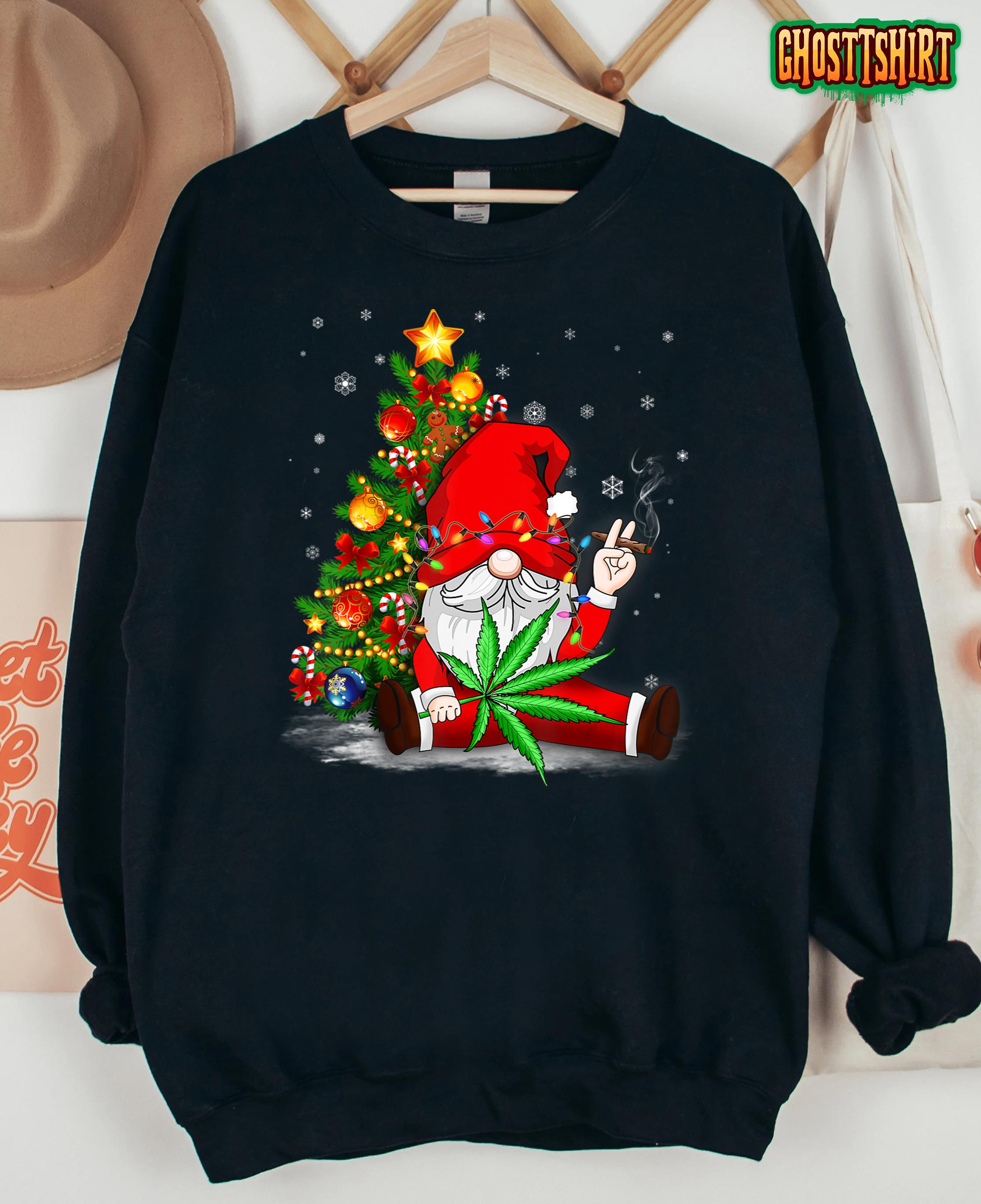 Funny Weed Gnome Christmas Lights Tree Cannabis Marijuana T-Shirt