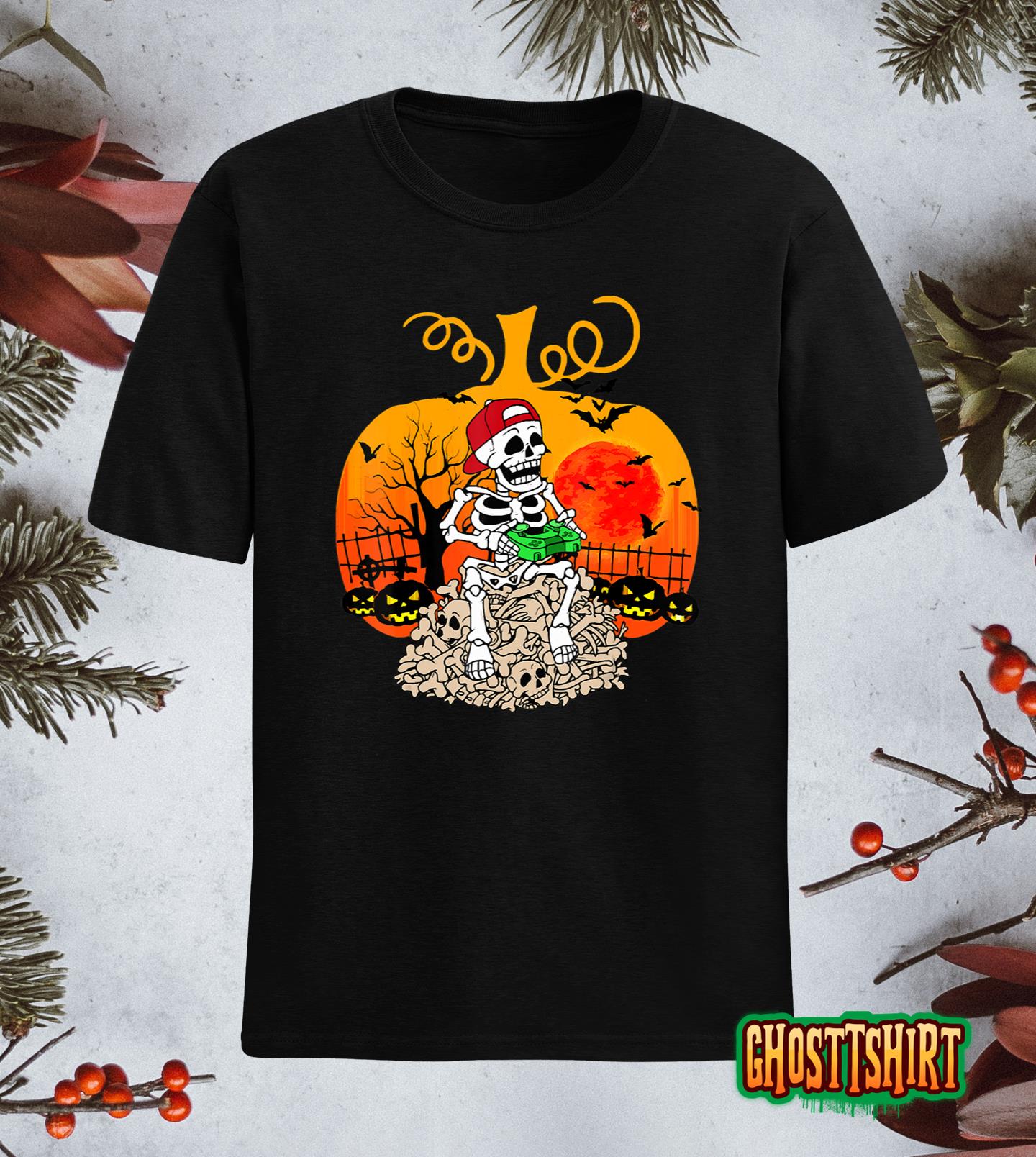 Gamer Pumpkin Skeleton Funny Halloween Gaming Boys Men Kids T-Shirt