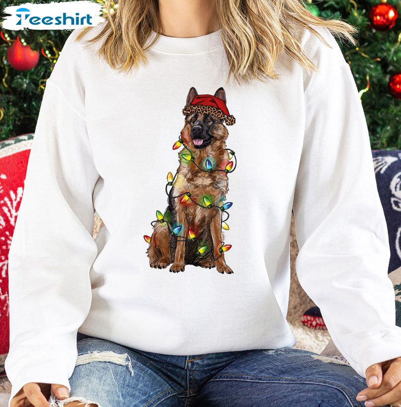 German Shepherd Christmas Shirt – Christmas Dog Lights Long Sleeve Crewneck