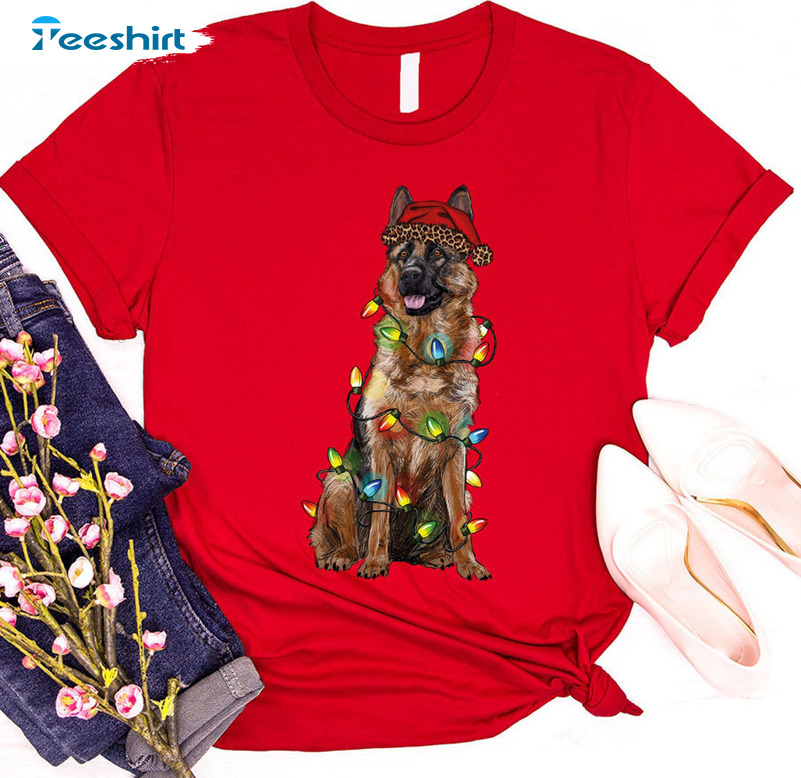 German Shepherd Christmas Shirt – Christmas Dog Lights Long Sleeve Crewneck