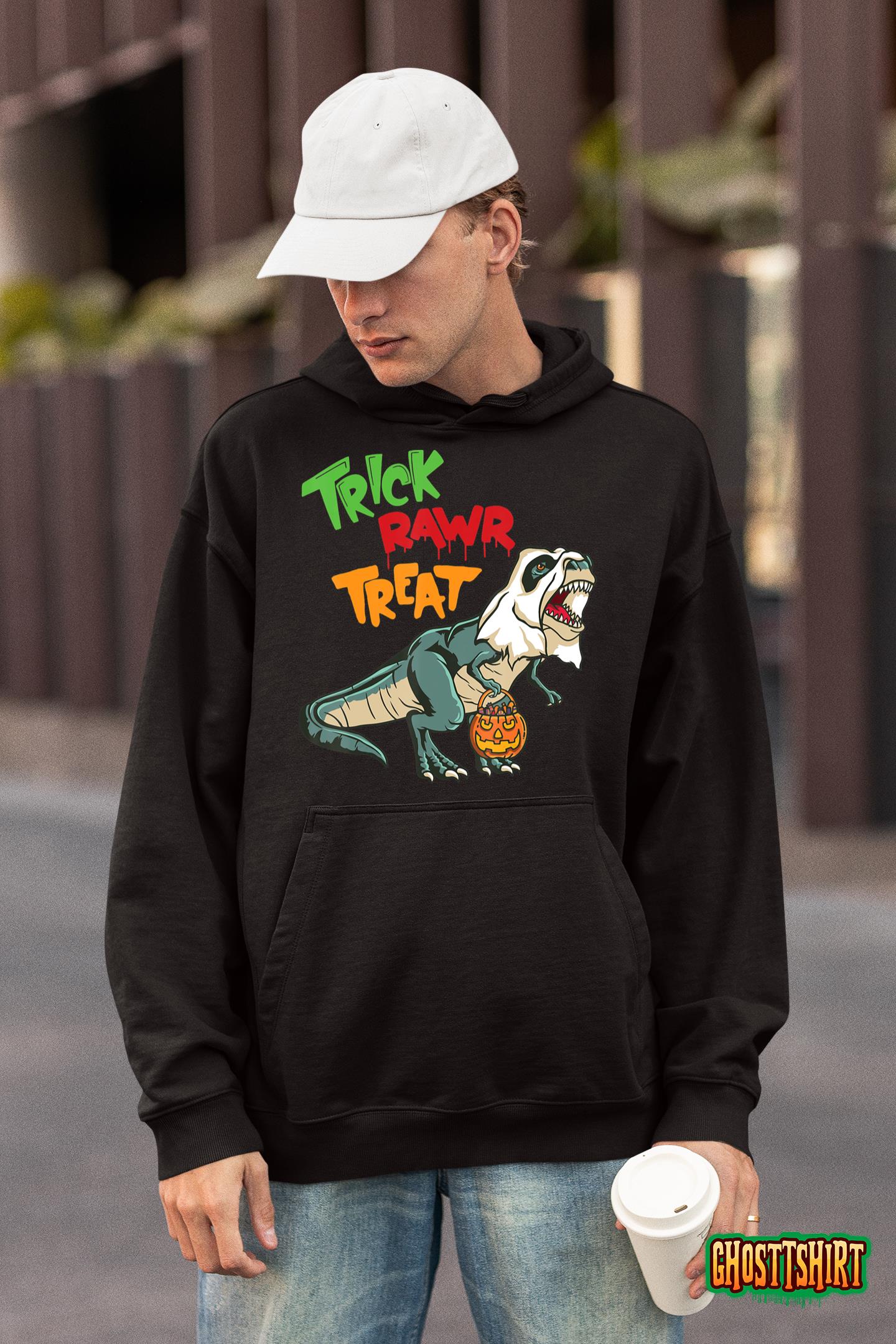 Ghost Dinosaur T rex Funny Boo Halloween Boys Men Pumpkin Hoodie