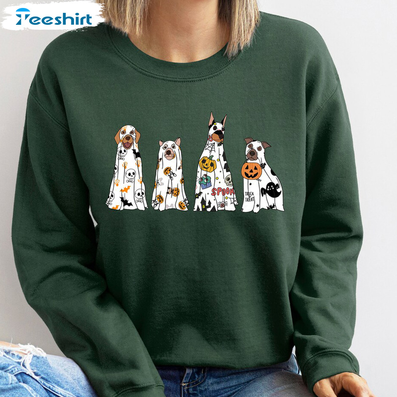 Ghost Dog Halloween Shirt, Funny Dog And Pumpkin Crewneck, Cool Dog Hoodie For Halloween