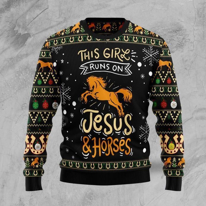 Girls Run On Jesus And Horses Ugly Christmas Sweater | Unisex | Full Size | Adult | Colorful | US3829- Best Christmas Gifts 2023