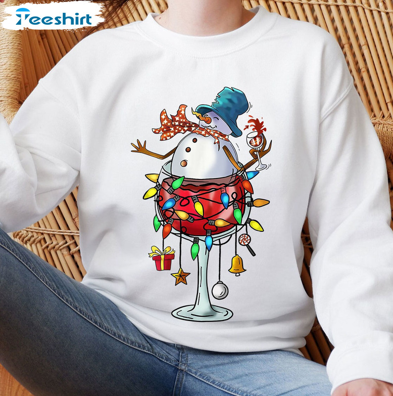 Glass Of Red Wine Snowman Shirt – Drinker Christmas Short Sleeve Crewneck