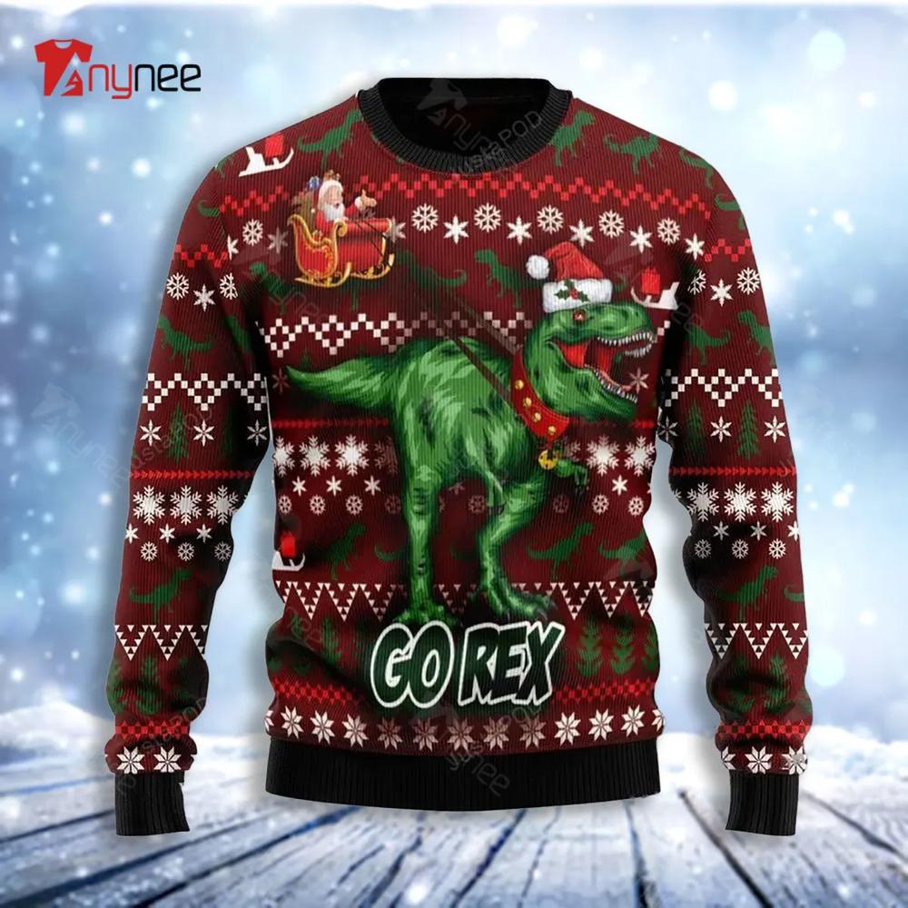 Go Rex Santa Sleigh Dinasour Ugly Christmas Sweater- Best Christmas Gifts 2023