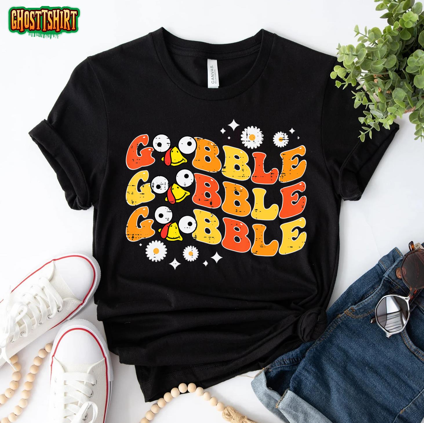 Gobble Turkey Face Funny Retro Thanksgiving Men Women Kids T-Shirt