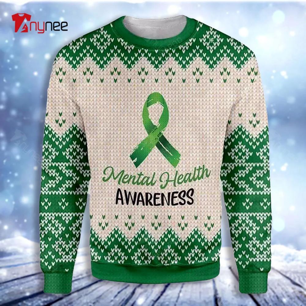 Green Ribbon Mental Health Awareness Christmas Ugly Christmas Sweater- Best Christmas Gifts 2023