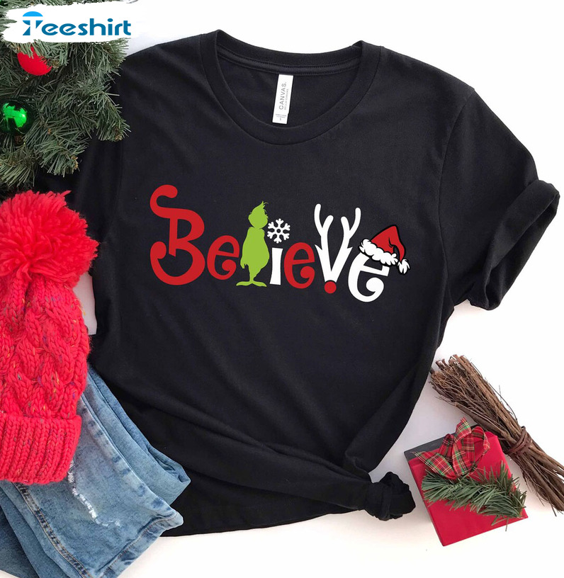 Grinch Believe Christmas Shirt, Christmas Party Short Sleeve Unisex T-shirt