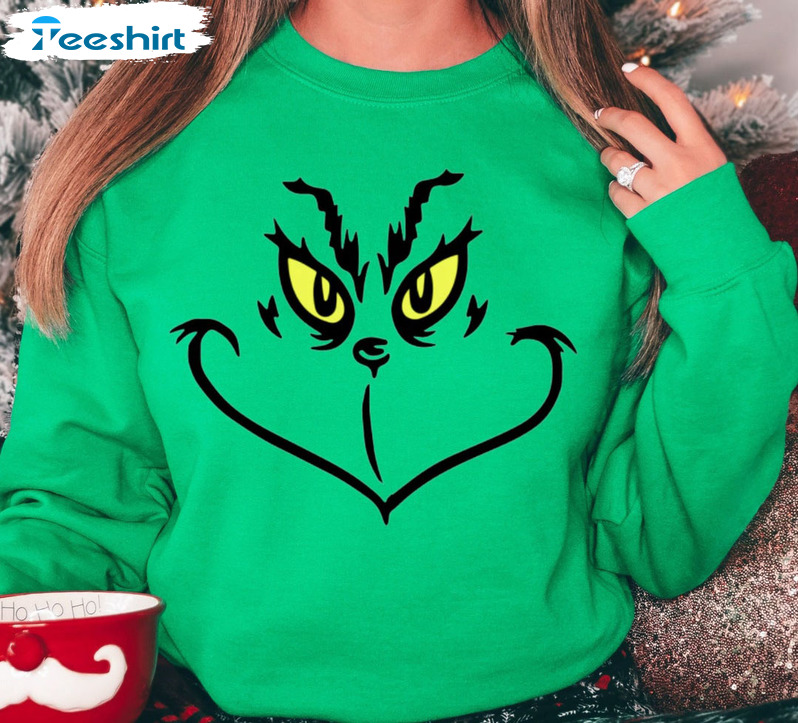 Grinch Face Sweatshirt, Christmas Party Crewneck Unisex Hoodie