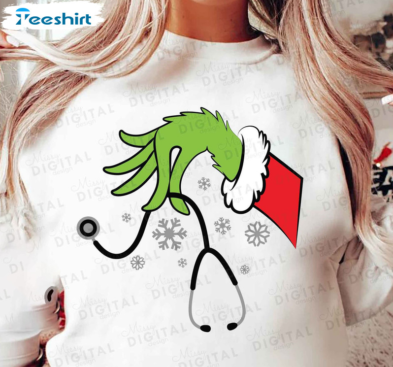 Grinch Hand Christmas Shirt, Grinch Stethoscope Crewneck Sweater