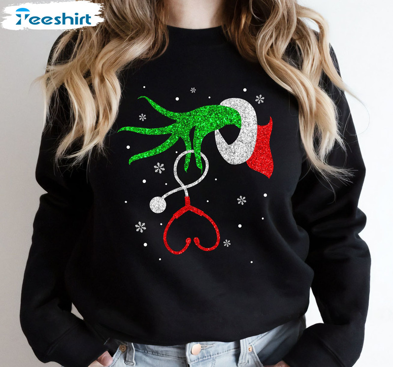 Grinch Hand Stethoscope Shirt, Christmas Nursing Long Sleeve Sweater