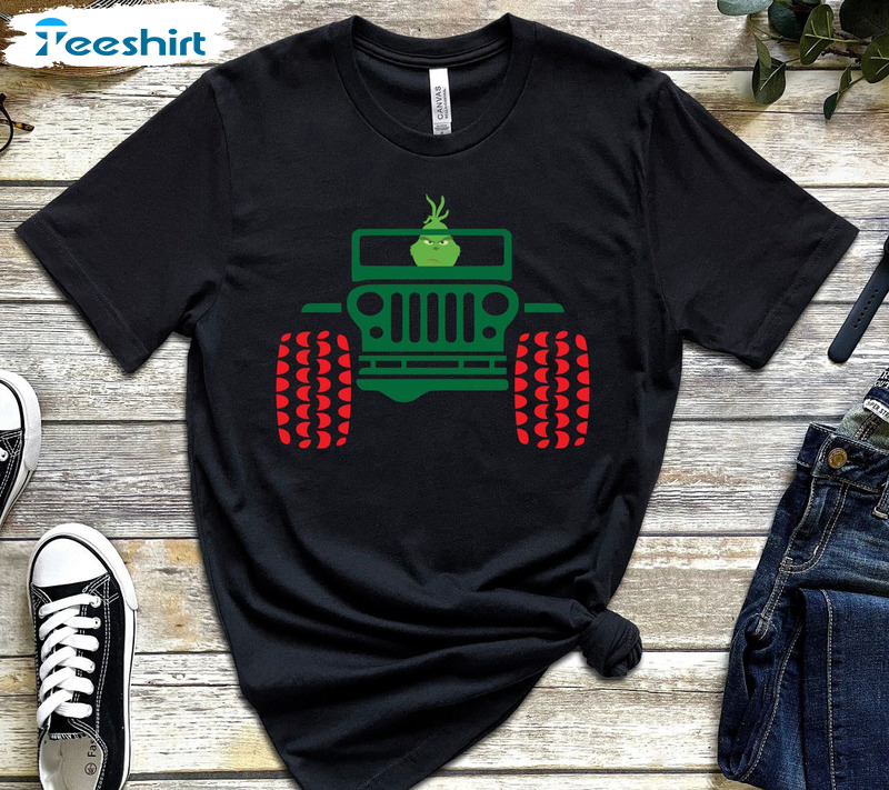 Grinch On Jeep Shirt, Funny Christmas Grinch Unisex Hoodie Long Sleeve