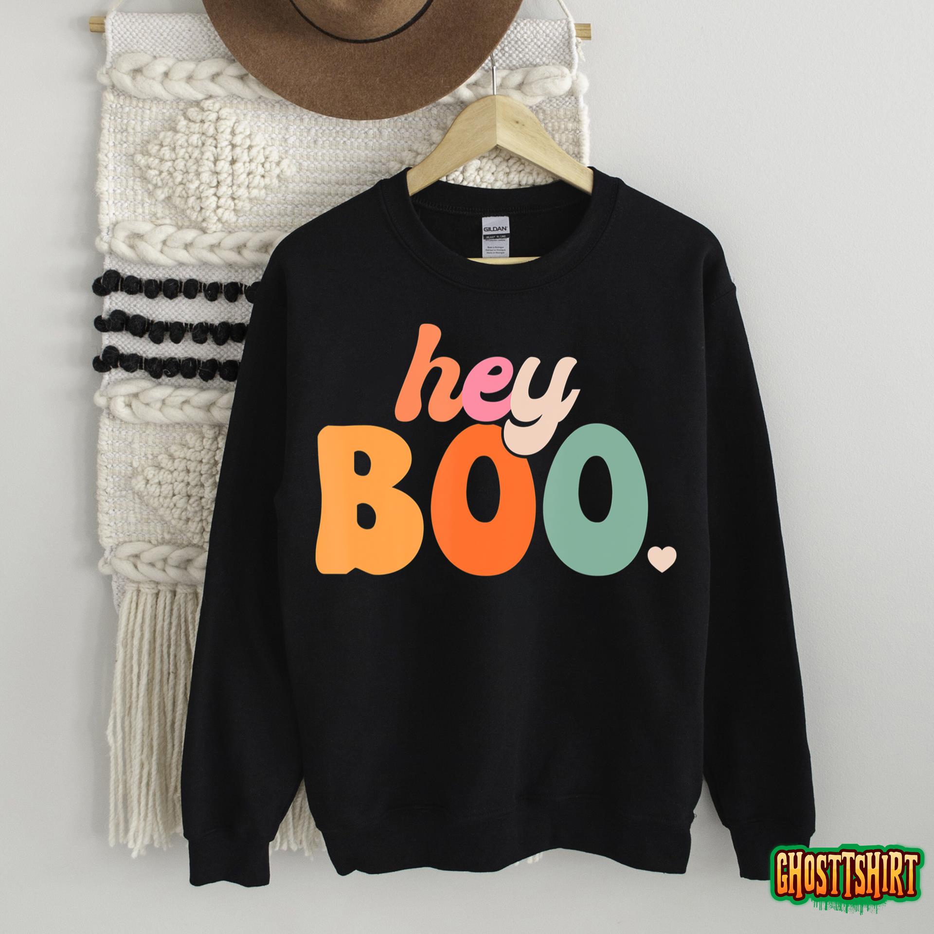 Groovy Ghost Halloween Pumpkin Face Hey Boo Trendy Halloween Sweatshirt