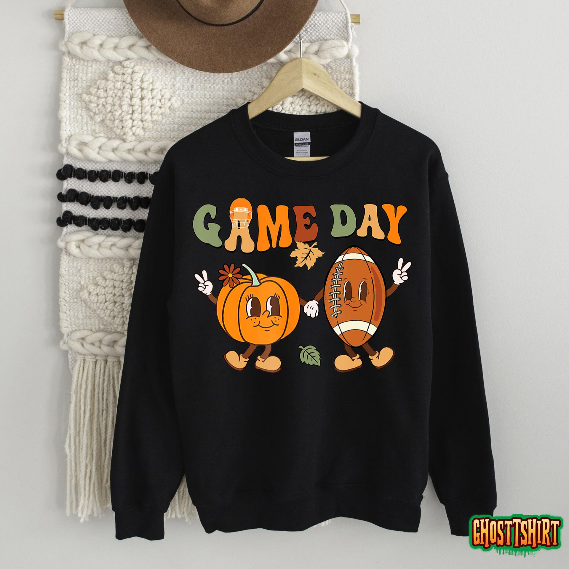 Groovy Thanksgiving Game Day Pumpkin Football Halloween Fall T-Shirt