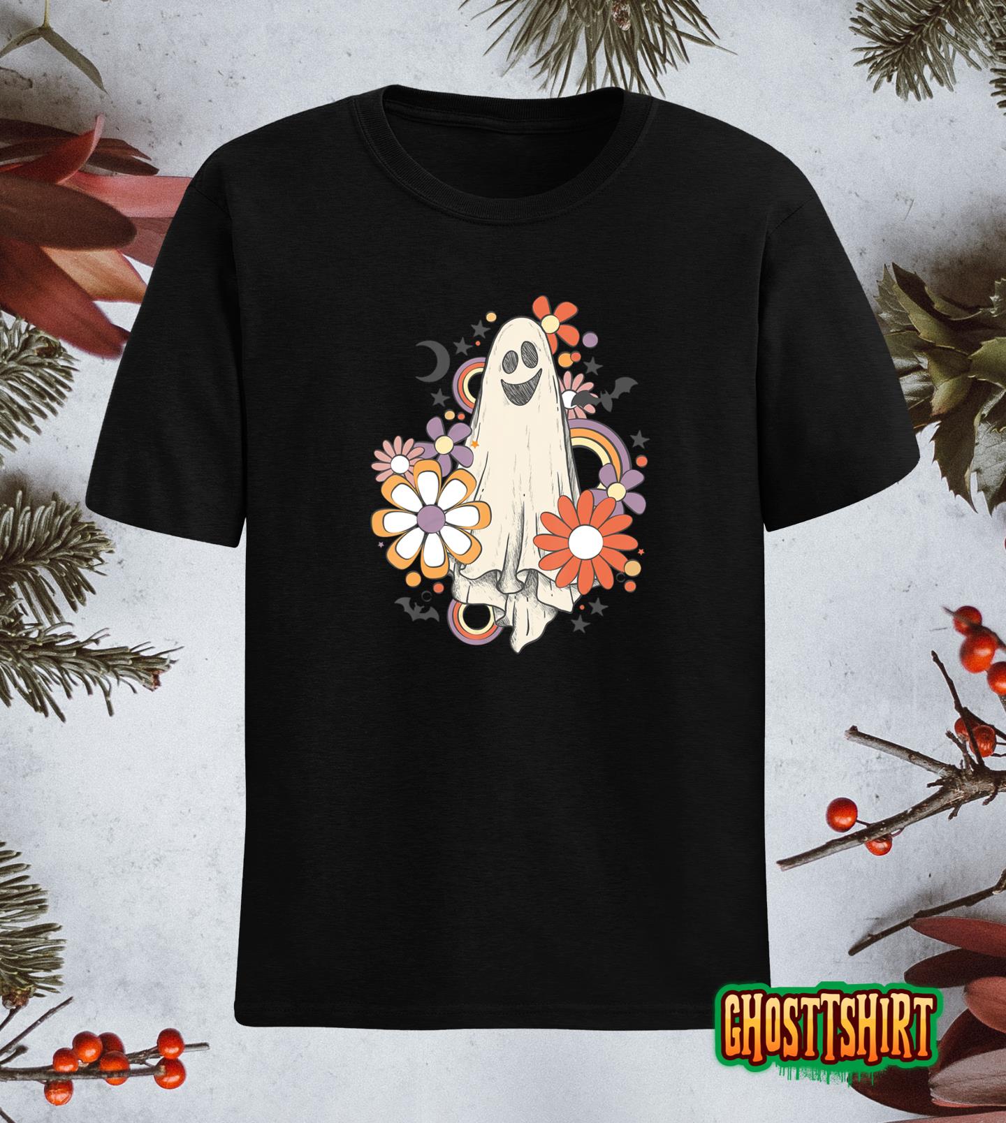 Groovy Vintage Floral Ghost Cute Halloween Spooky Season T-Shirt