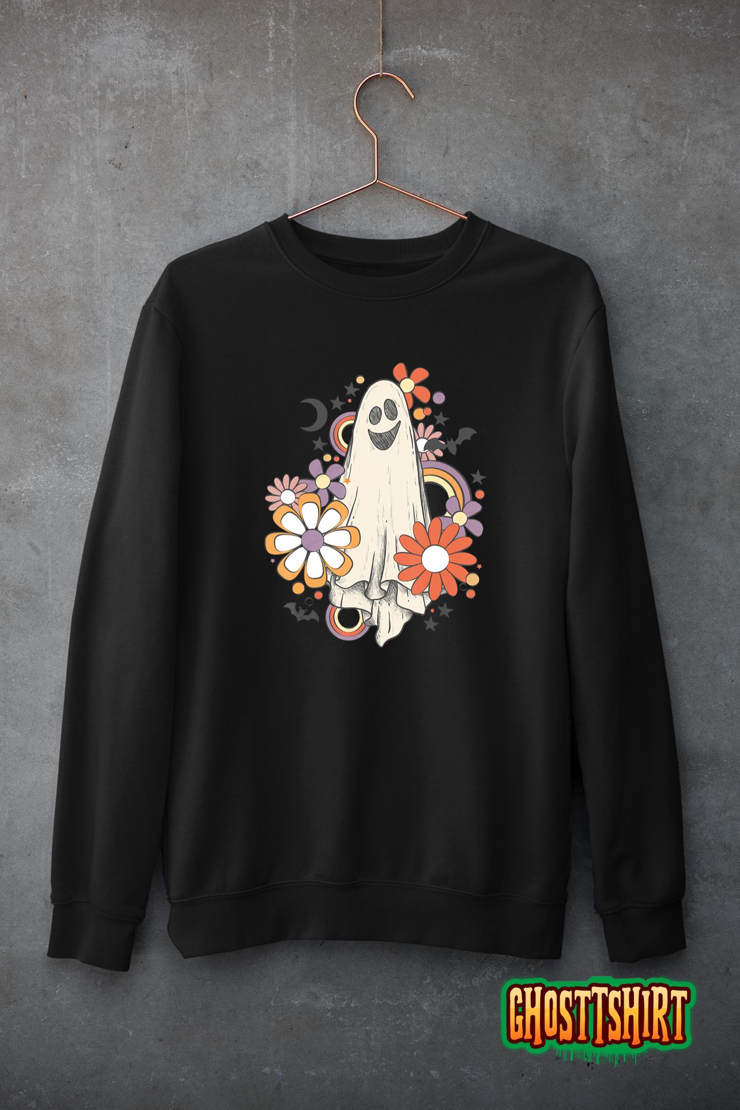 Groovy Vintage Floral Ghost Cute Halloween Spooky Season T-Shirt