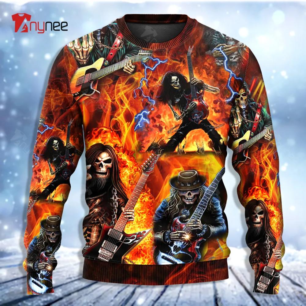 Guitar Skull Fire So Hot Ugly Christmas Sweater- Best Christmas Gifts 2023