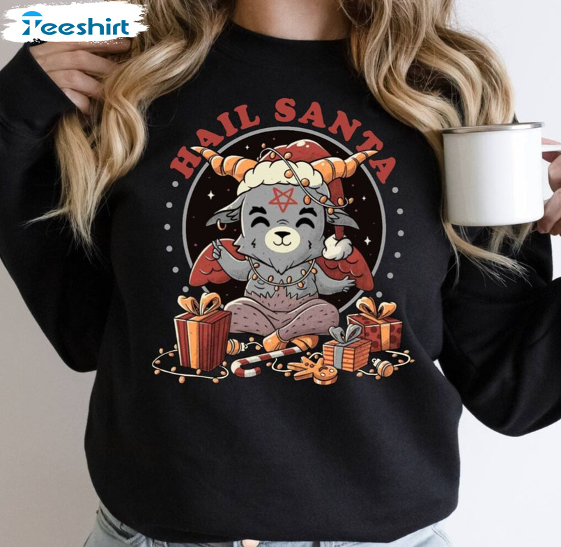 Hail Santa Christmas Shirt, Cute Baphomet Crewneck Unisex Hoodie