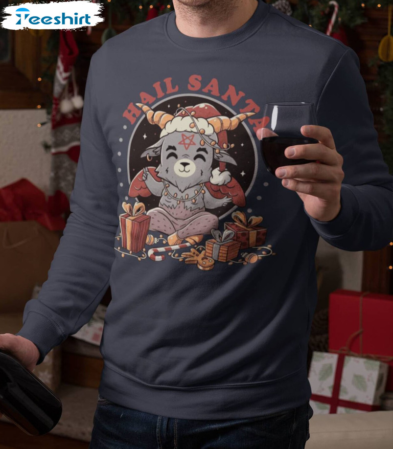 Hail Santa Christmas Shirt, Cute Baphomet Crewneck Unisex Hoodie