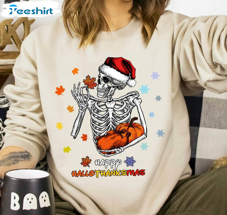 Hallothanksmas Sweatshirt, Halloween Skeleton Merry Christmas Sweater Hoodie