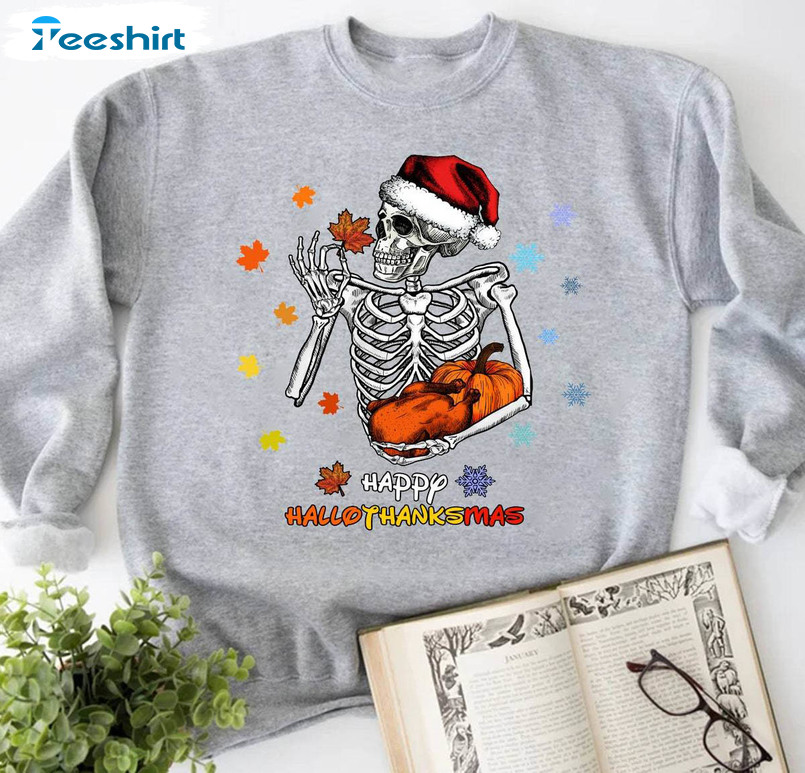 Hallothanksmas Sweatshirt, Halloween Skeleton Merry Christmas Sweater Hoodie