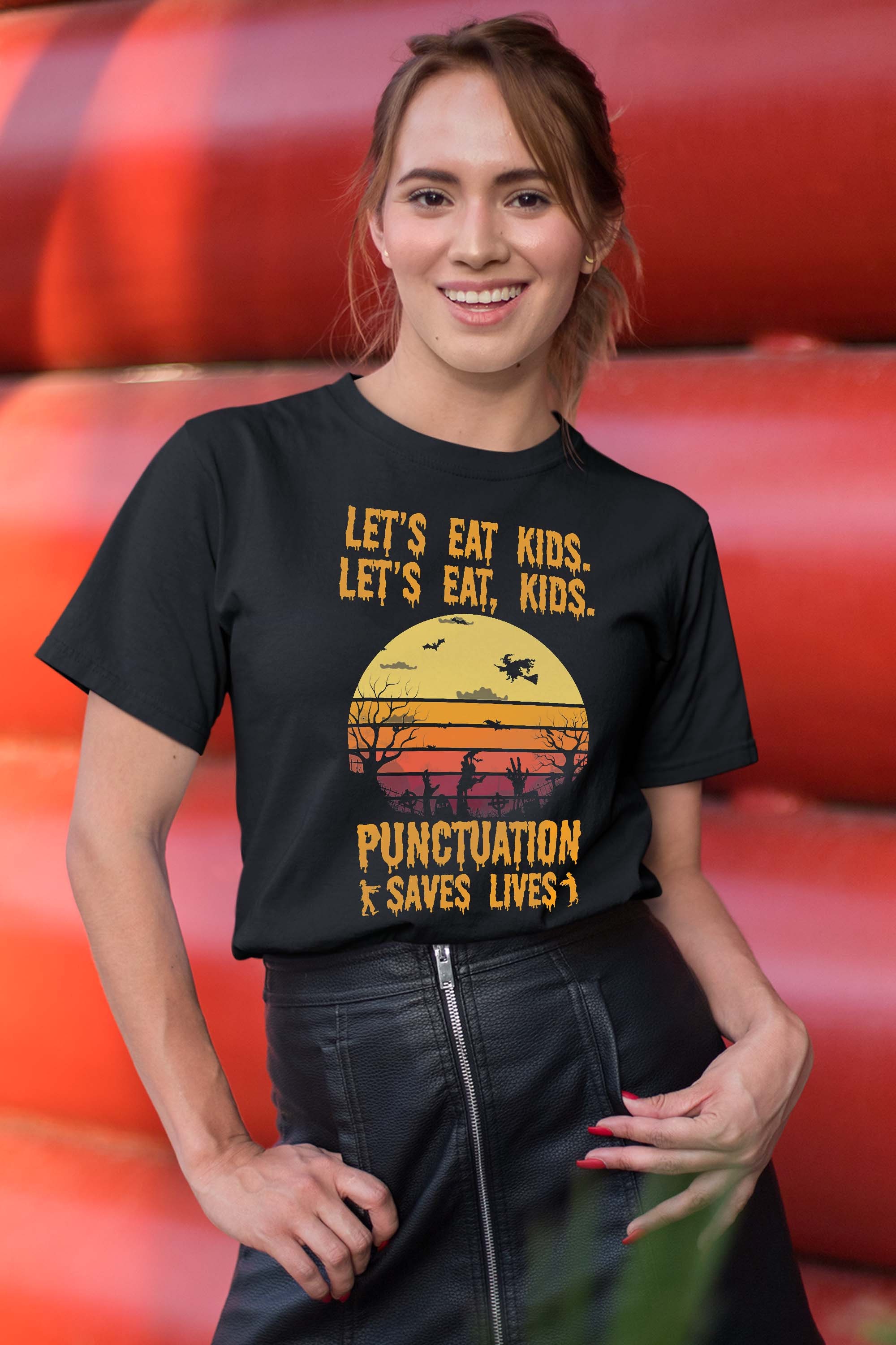 Halloween Costume Teacher Lets Eat Kids Punctuation Save Lives Funny T-Shirt