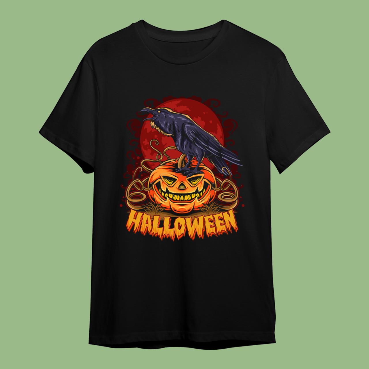 Halloween Crow On Halloween Pumpkin On Full Moon T-Shirt