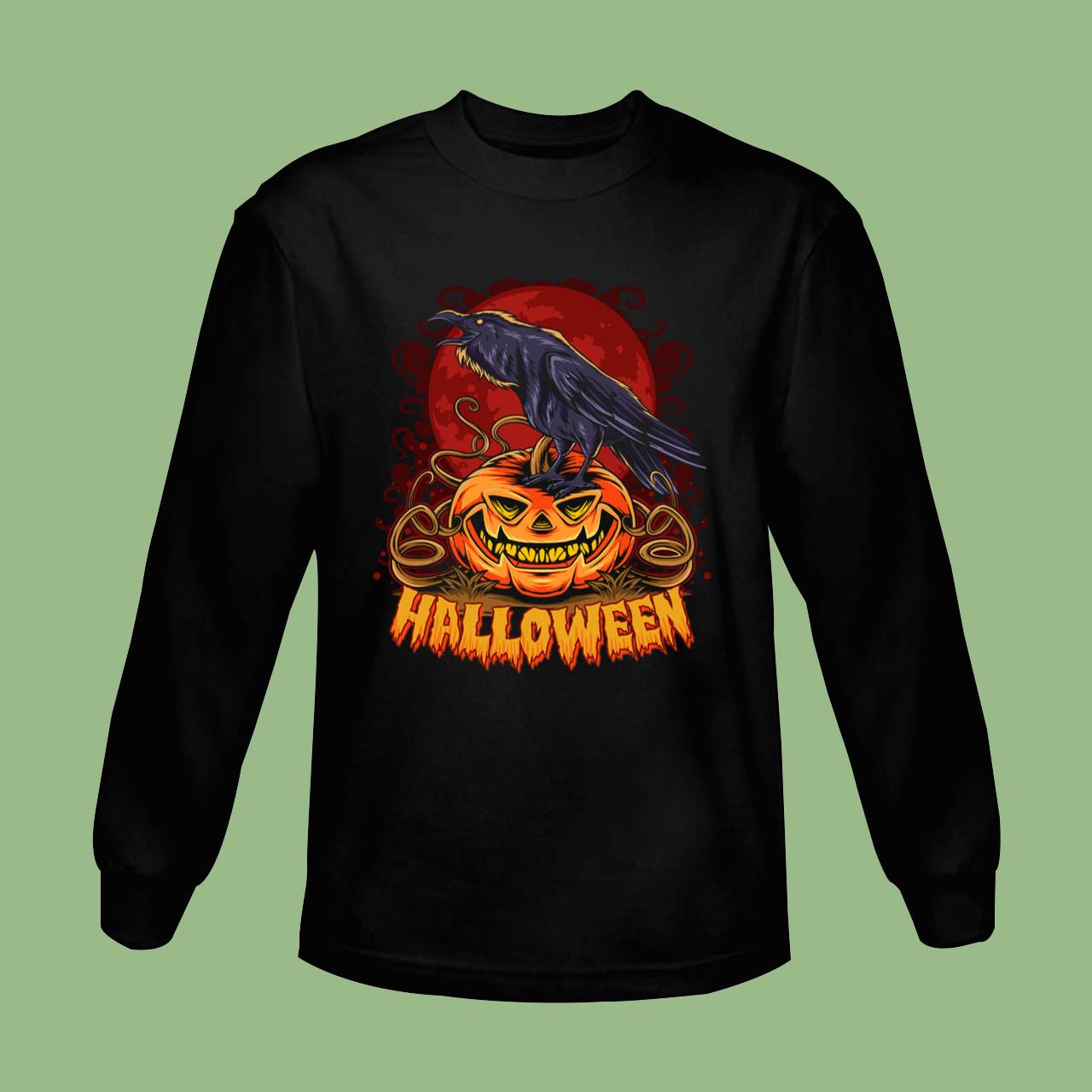 Halloween Crow On Halloween Pumpkin On Full Moon T-Shirt