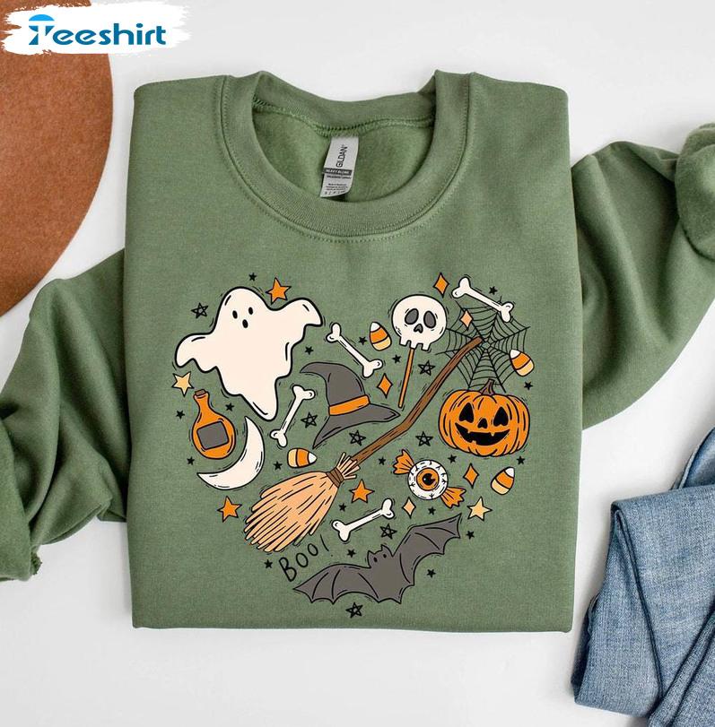 Halloween Doodles Heart Shirt, Cute Halloween Unisex Hoodie Short Sleeve