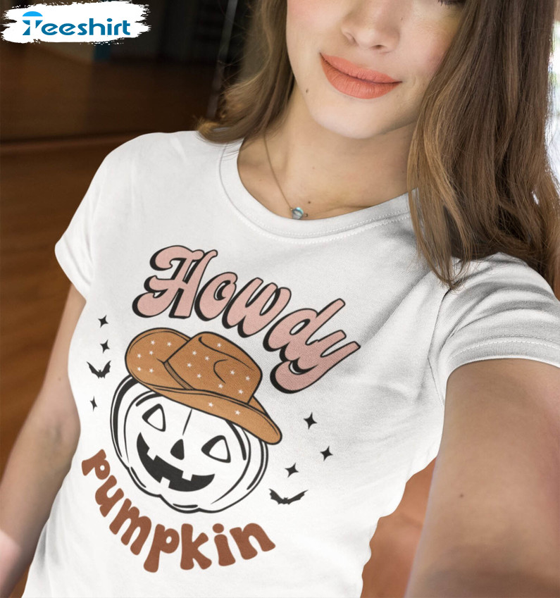 Halloween Howdy Pumpkin Sweatshirt, Retro Spooky Season Crewneck Long Sleeve