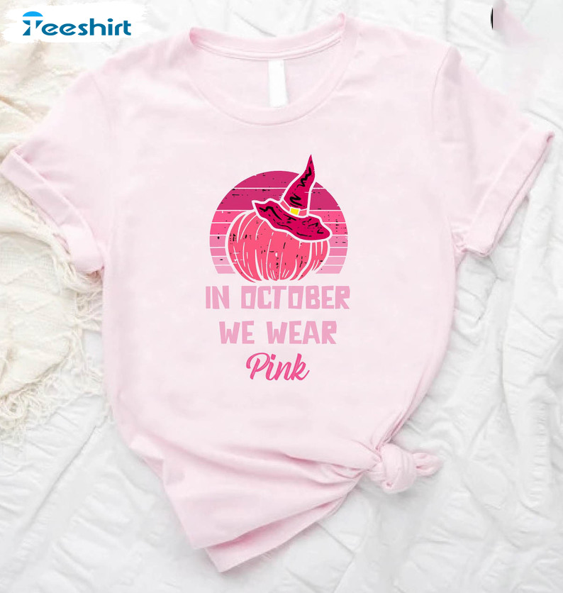 Halloween October Cancer Awareness Shirt, Pink Pumpkin Short Sleeve Tee Tops