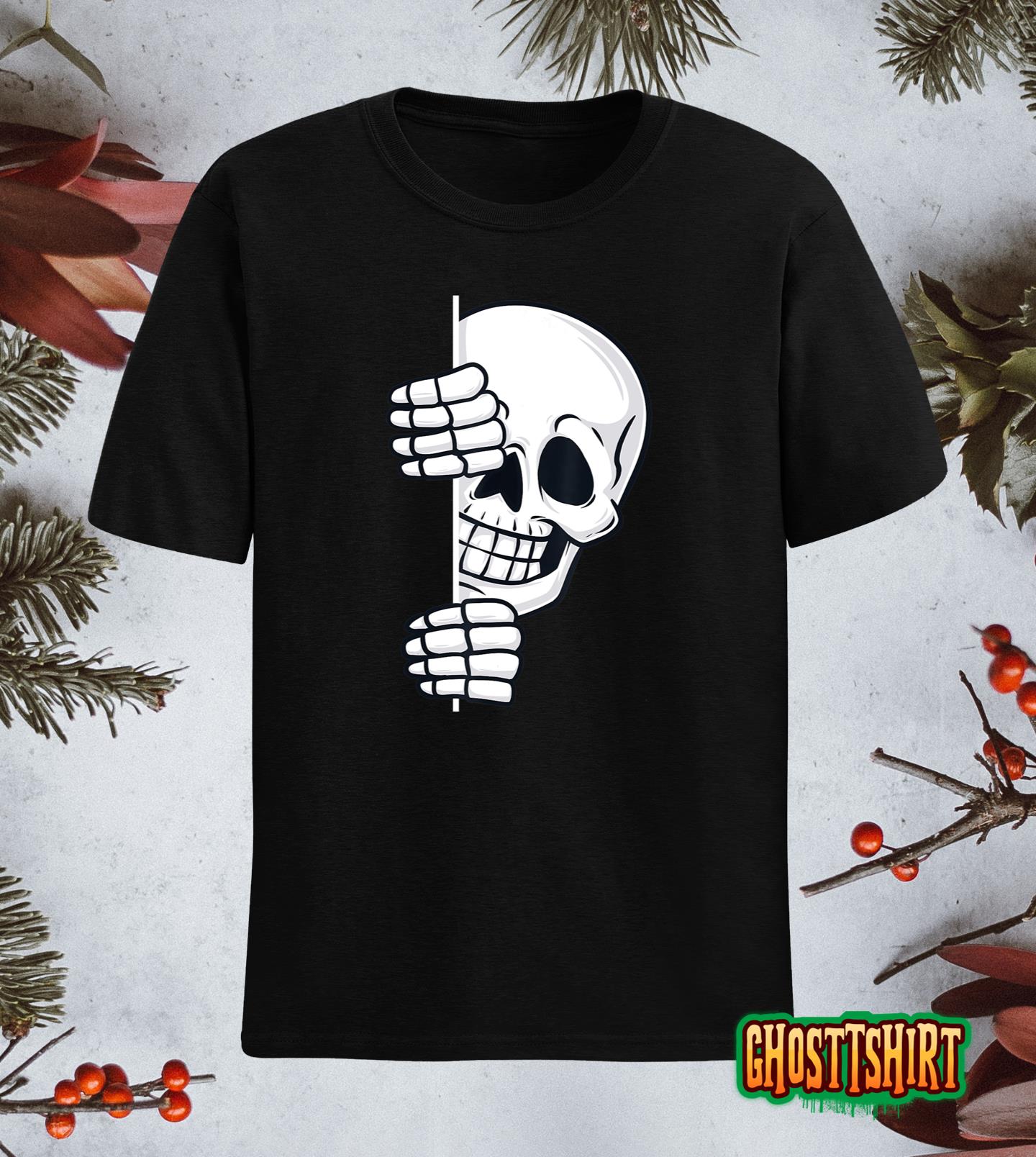 Halloween Peeking Skeleton Scary Boys Girls T-Shirt