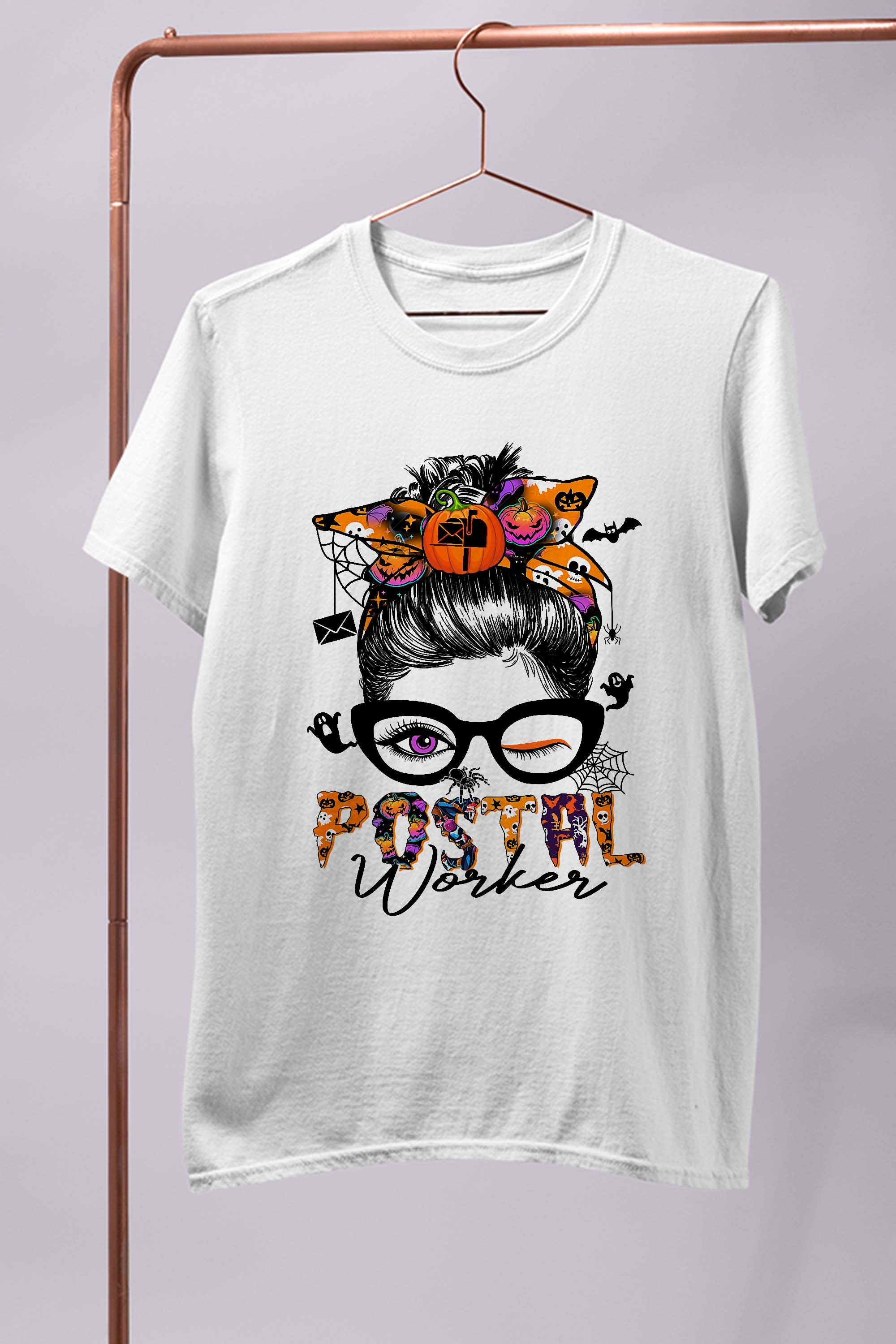 Halloween Postal Worker Messy Bun Hair Pumpkin Girl T-Shirt