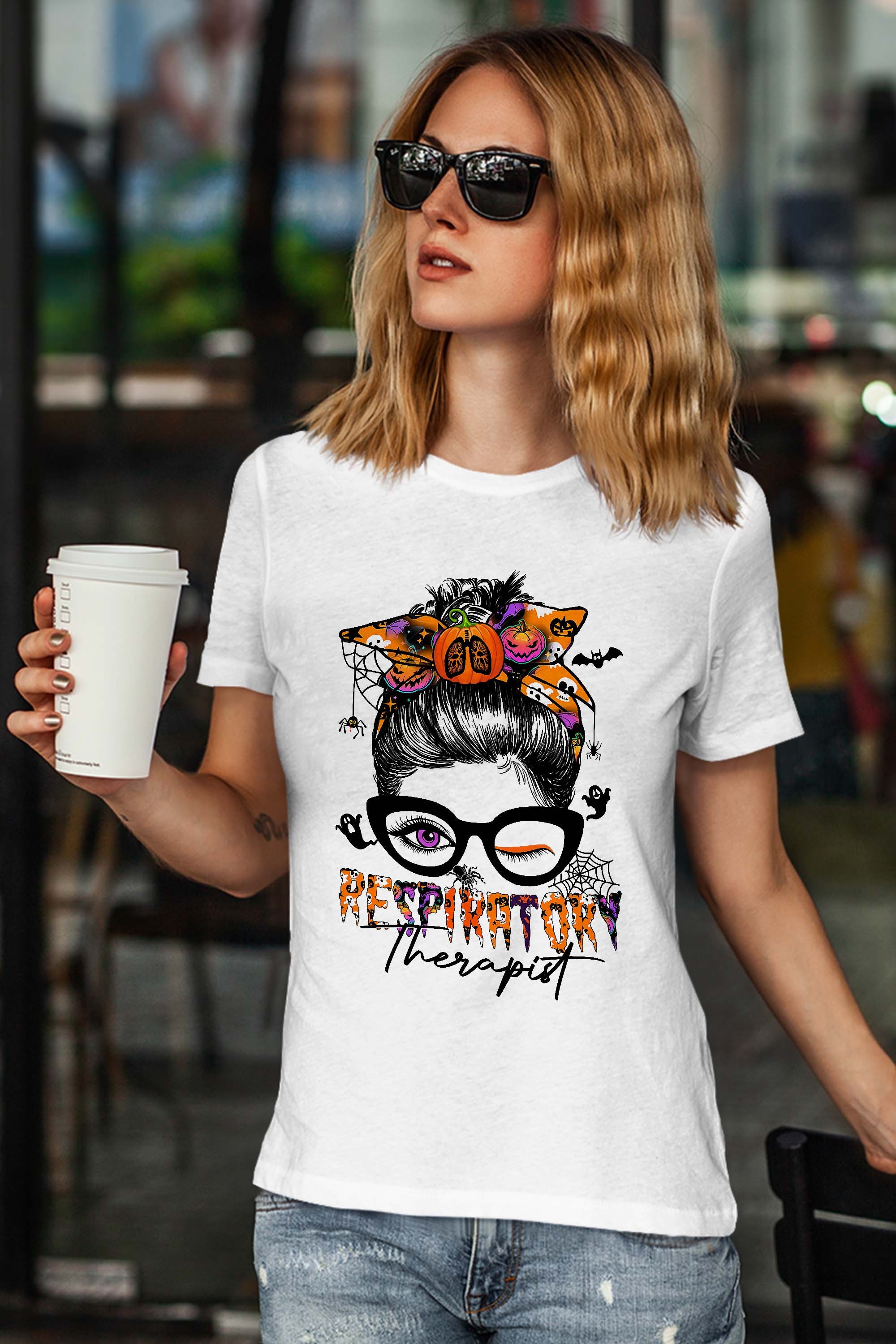 Halloween Respiratory Therapist Messy Bun Hair-Pumpkin-Girl Gift T-Shirt