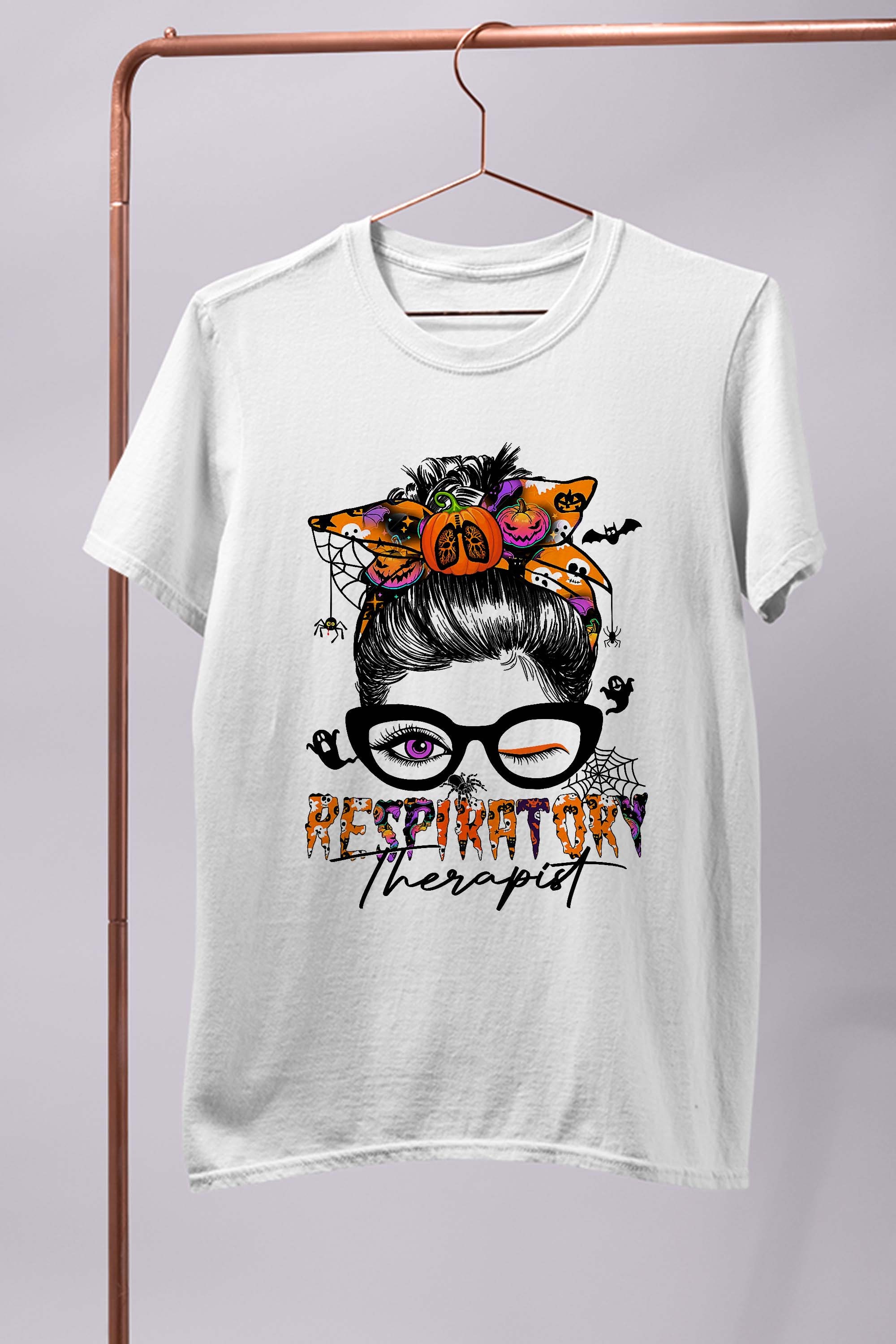 Halloween Respiratory Therapist Messy Bun Hair-Pumpkin-Girl Gift T-Shirt