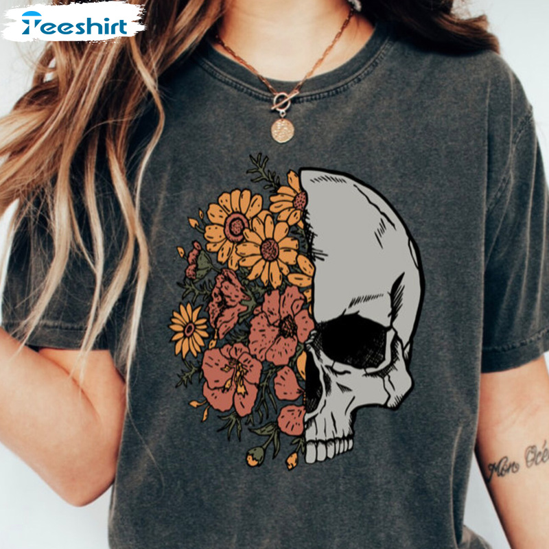 Halloween Skull Flower Sweatshirt For Girls, Woman, Skeleton Shirt, Halloween Floral Hoodie Fashion Design