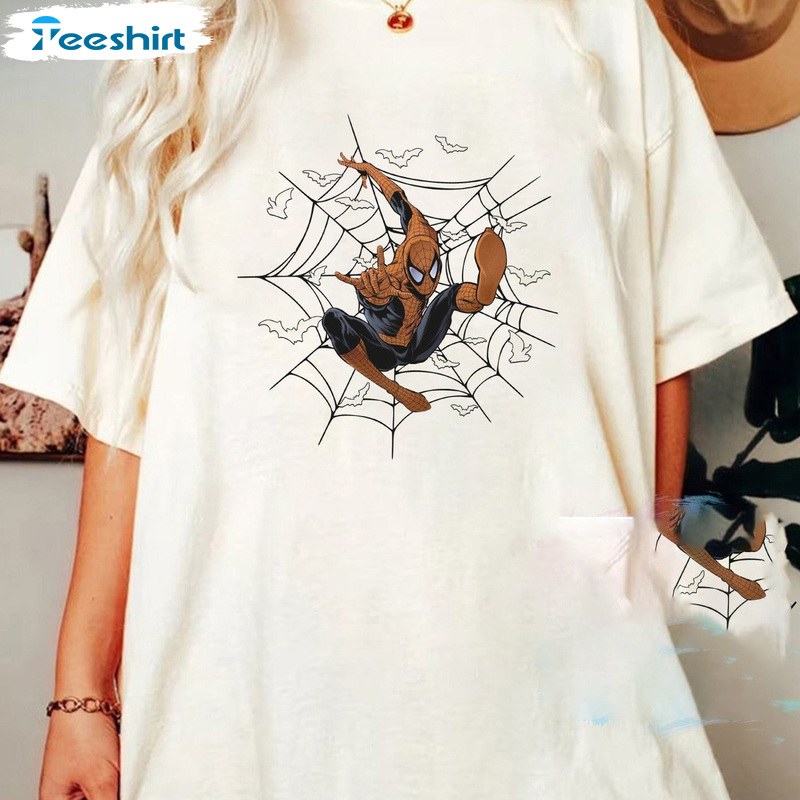 Halloween Spiderman Tee Tops For All People, Marvel Halloween Comfort Unisex Hoodie, Spiderman And Spiderweb Short Sleeve