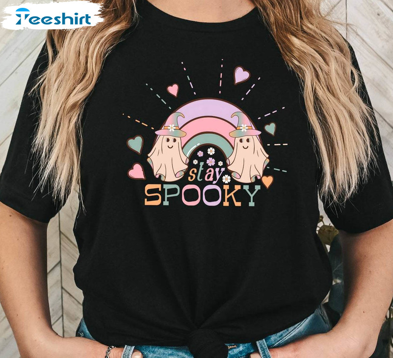 Halloween Stay Spooky Shirt, Halloween Ghost Rainbow Sweater Short Sleeve