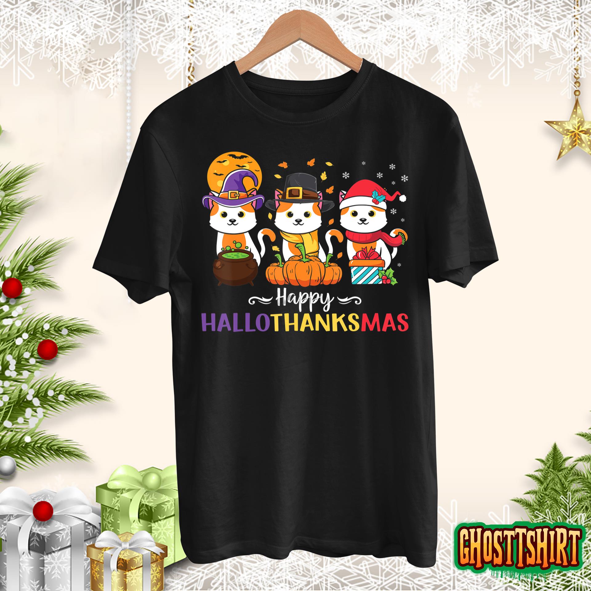 Halloween Thanksgiving Christmas Happy HalloThanksMas Cats T-Shirt