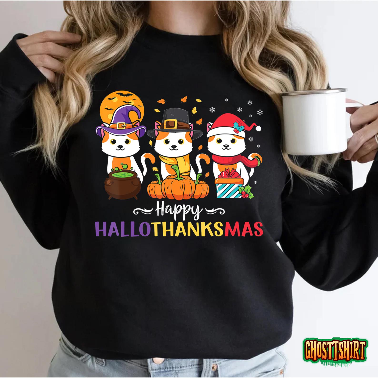 Halloween Thanksgiving Christmas Happy HalloThanksMas Cats T-Shirt