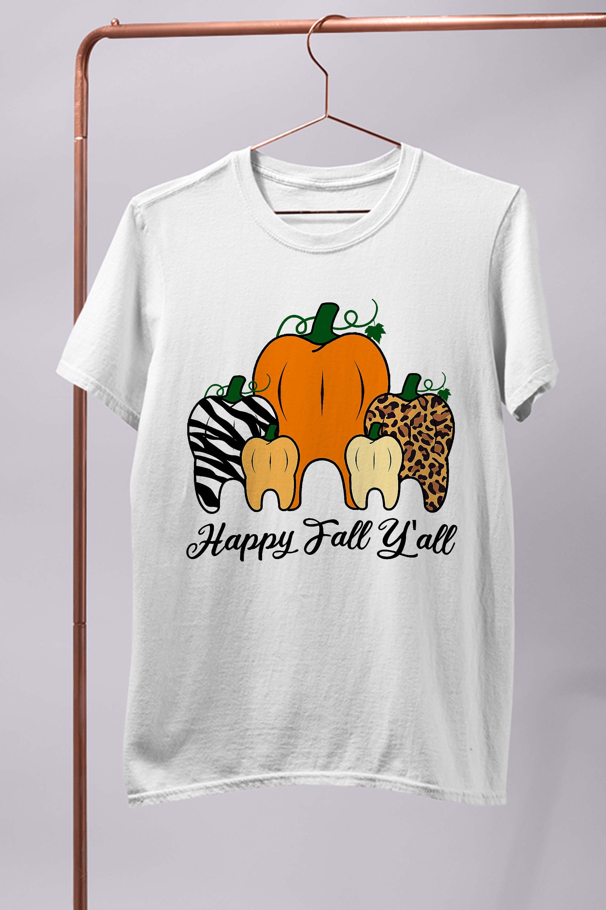 Happy Fall Y’all Pumpkin Tooth Leopard Zebra Halloween Fall T-Shirt