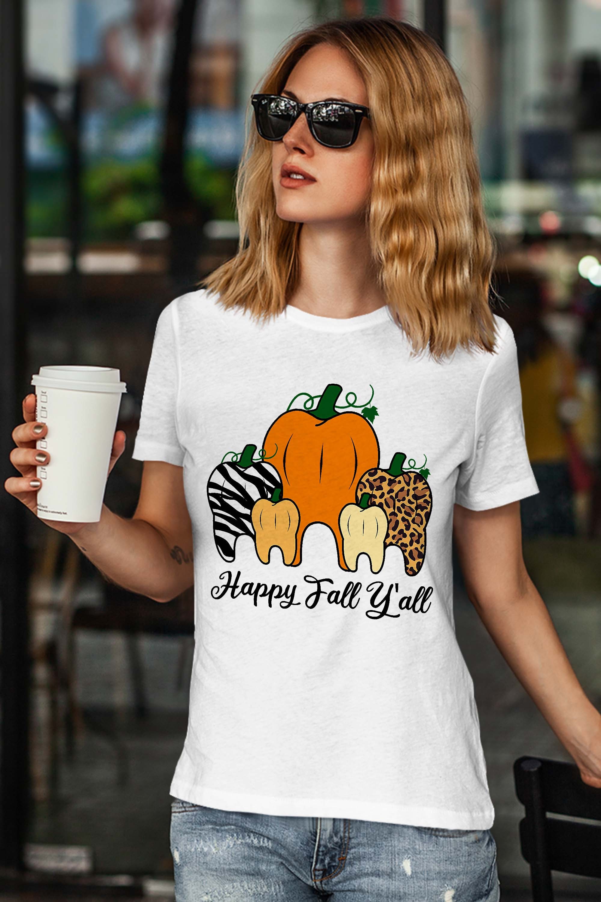 Happy Fall Y’all Pumpkin Tooth Leopard Zebra Halloween Fall T-Shirt